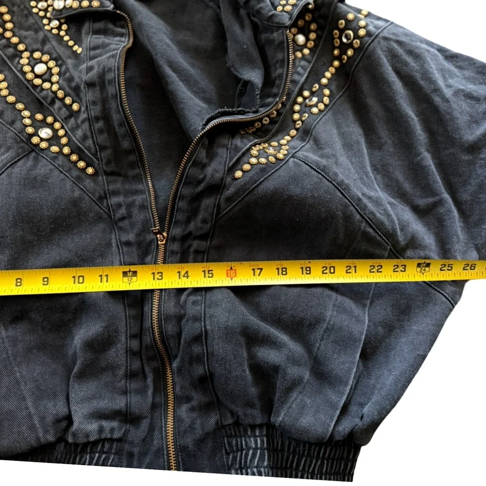 Vintage Boy Blue Studded Black Denim Bomber Jacket Zip Front Statement Coat‎